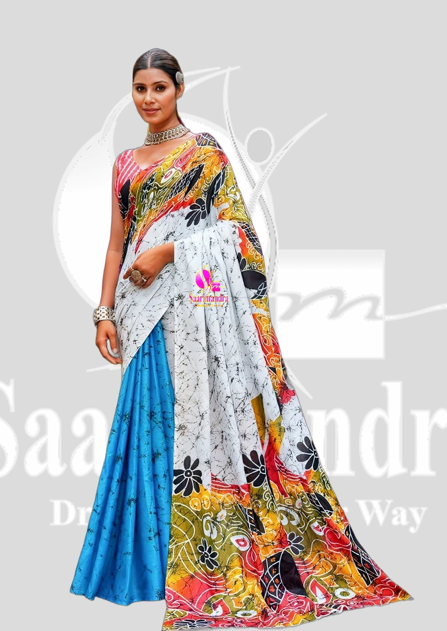 Batik Indian Premium Vibrant Multicolour & Sky Blue Batik Cotton Saree with Floral & Abstract Patterns